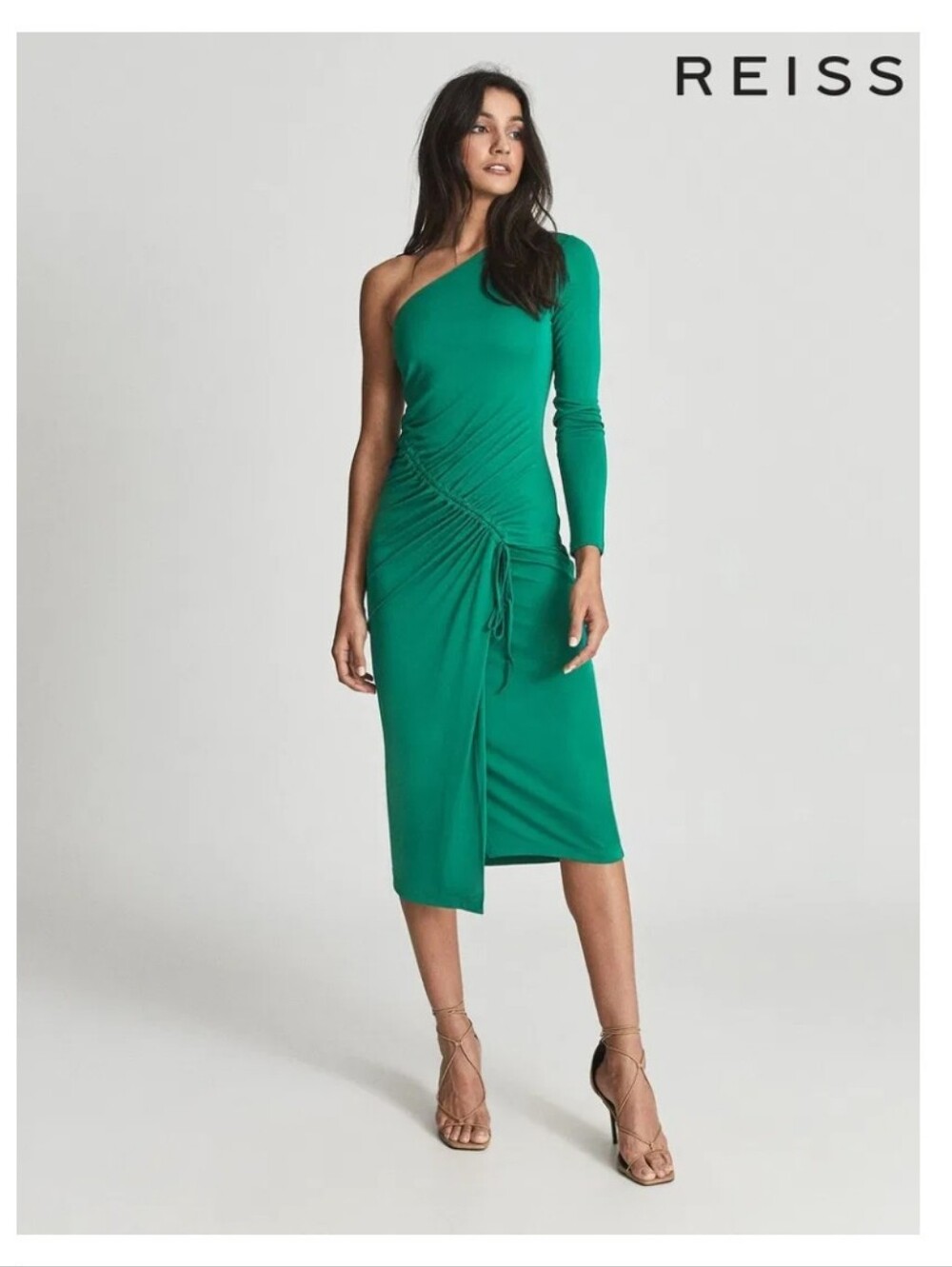 Reiss Tabby Viscose Green One-Shoulder Ruched Midi Dress